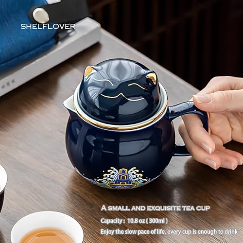 SHELFLOVER Beautiful Dark Blue Tea Cup with Strainer, Easy to Clean Keep Tea Hot Long Porcelain Material, Suit Travel/Office/Home Drink, 10oz (300ml) - Image 2
