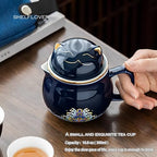 SHELFLOVER Beautiful Tea Mug Portable Set, White Porcelain Easy to Clean Keep Tea Hot Long, Easy Carried Travel/Office/Home Drink, Cute Cat, Dark Blue, 10oz - Image 2