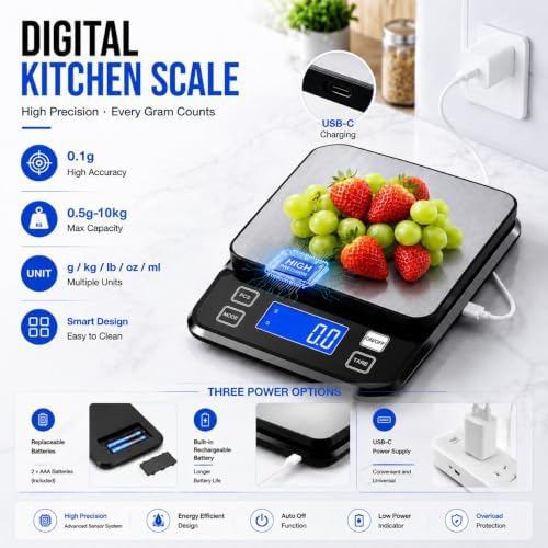 Waterproof Digital Kitchen Scale 0.001oz/0.1g Precision, Stainless Steel Electronic Scale with 3 Power Options (Rechargeable/AAA/Built-in), 10 Units Conversion, Smart Standby, 22lb/10kg Capacity - Image 5