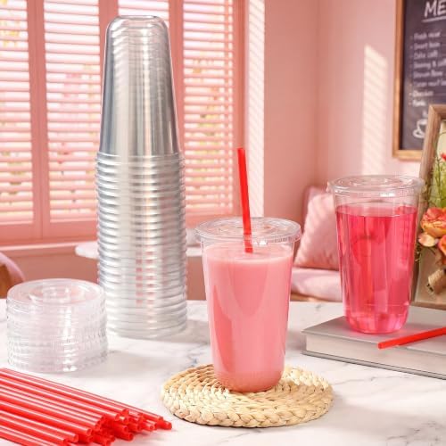 Ziliny 50 Sets 18 oz Clear Plastic Cups with Red Heart Straws and Lids - Image 5