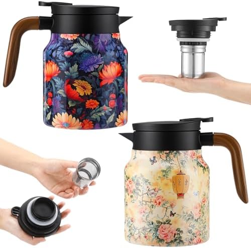 LemonRoad 2 Pcs 35 oz Vintage Floral Pattern Tea Pot with Infuser | Stainless Steel Insulated Tea Pot with Lid and Wooden Handle Thermal Carafe for Hot Drinks Coffee(Pink, Orange) by Unknown