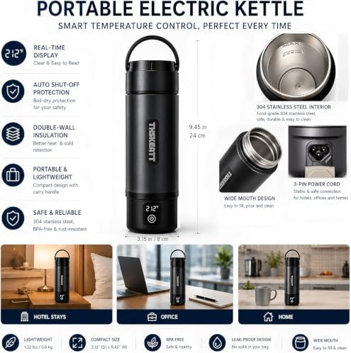 Portable Electric Kettle, Thskeatt Vacuum Stainless Steel Double Wall Travel Electric Kettle, Fast Boil, Auto Shut-Off, Keep Warm, for Travel Camping Office Coffee Tea - Image 3