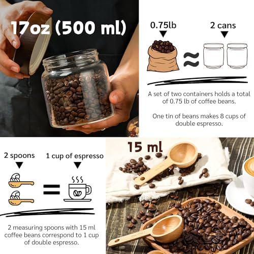 JanYoo 2 Pack Glass Coffee Containers with Lids and Scoop, 17 oz (500ml) Food Storage Jar with Airtight Lids, Kitchen Coffee Container Round Canister Set of 2 - Image 3