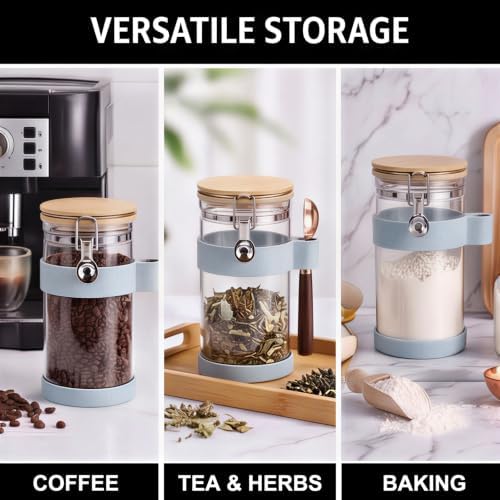 uxcell Airtight Glass Canister with Bamboo Lid & Spoon, Glass Coffee Bean Storage Container 1200ml/40oz Kitchen Pantry Sealed Freshness for Grounds Tea Cereal Sugar, Blue - Image 5