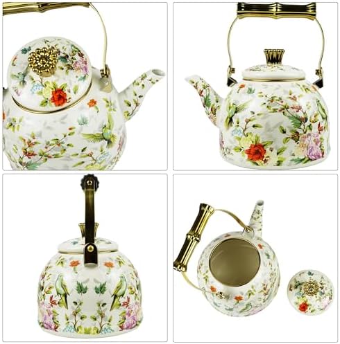 Vintage Enamel Tea Kettle Birds Floral Boho Stovetop Teapot with Gold Handle 2.5L Enamel Kettle Bohemian Kitchen Decor Ideal Gift for Housewarming Camping Coffee Pot - Image 6