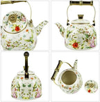 Vintage Enamel Tea Kettle Birds Floral Boho Stovetop Teapot with Gold Handle 2.5L Enamel Kettle Bohemian Kitchen Decor Ideal Gift for Housewarming Camping Coffee Pot - Image 6