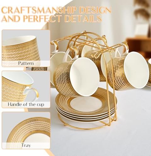 Luxury White & Gold Embossed Tea Cups and Saucers with Teapot, Sugar Bowl, & &Creamer, Vintage European Porcelain Coffee Set for Tea Party, Wedding, Gift (Gold, 17pcs/set) - Image 6