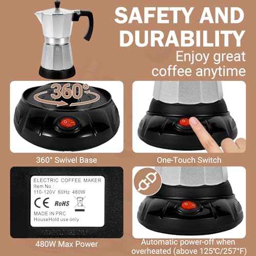 Electric Moka Pot, 3 or 6 Cup Espresso Coffee Maker, Silver - Image 3