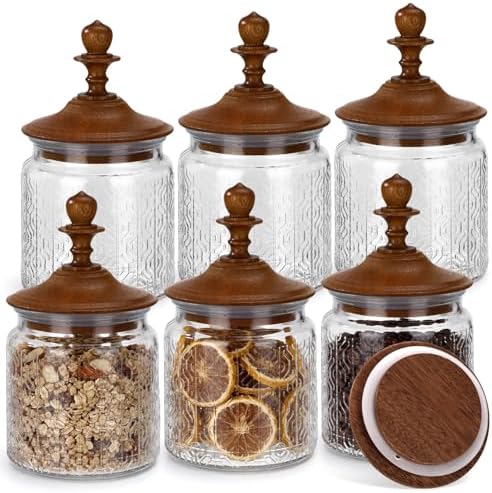 Suclain 6 Pack 17 oz Glass Spice Jars with Dark Wood Lids Vintage Canisters with Flower Pattern Airtight Food Storage Container for Home Kitchen Tea Coffee Spice Pantry Organization Decorations by Suclain