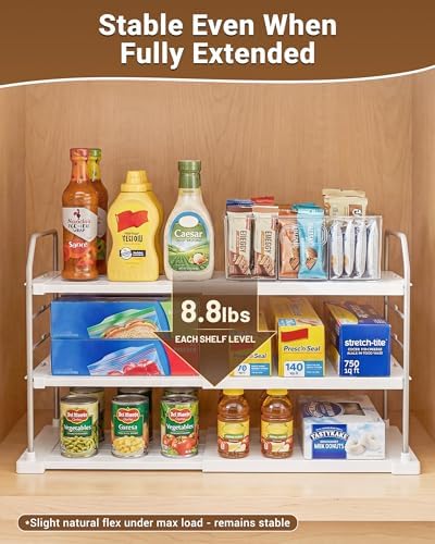 EVERIE Extendable 3-Tier Kitchen Cabinet & Pantry Organizer for Plastic Wrap, Foil & Storage Bags, Adjustable Heavy Duty Shelf Rack for Wrap Boxes, Jars & Snack Boxes (11–16.7 in Wide), Pack of 2 - Image 5