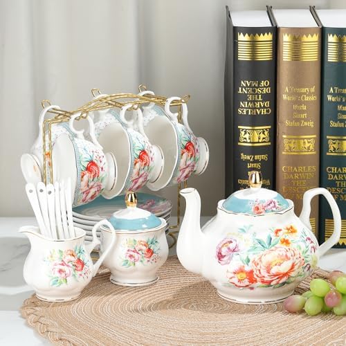 fanquare 21 Piece Vintage Green Floral Porcelain Tea Set for Adults - Image 5