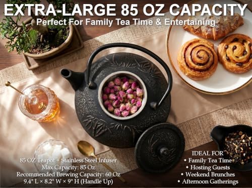 85 Oz XXL Black Bamboo Cast Iron Teapot, Enamel Interior, Infuser & Trivet - Image 5