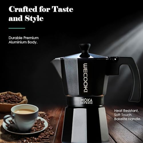 WECOOK! Bella Espresso Maker, Black, Aluminium, Mocha Coffee Maker, 6 Cups (300 ml), Silicone Seal & Safety Valve, Suitable for Gas, Electric and Glass Ceramic - Not for Induction - Image 5