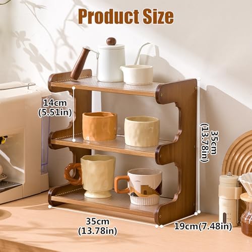 Wooden Mug Display Holder, Bamboo Wood Coffee Mug Organizer Countertop, Counter Shelf for Tea Coffee Bar Accessories, Matcha Stand, Kitchen Condiment Storage Rack,3tier,13.78IN - Image 2