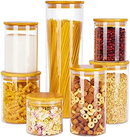 Vtopmart Glass Food Storage Jars, 7 Pack Kitchen Containers with Airtight Bamboo Wooden Lids for Pasta, Cookies, Nuts, Coffee Beans, Cereal, Canisters Set for Flour, Pantry Organization, BPA Free by Vtopmart