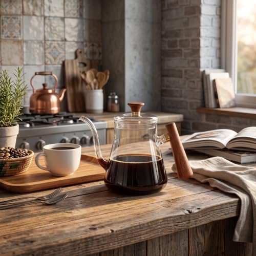 Pour Over Kettle, Gooseneck Coffee Kettle, 600ml High Borosilicate Glass Teapot with Round Wood Handle, Stable Effluent for Full Flavor Extraction - Image 6