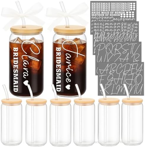 Skylety 6 Set Bridesmaid Personalized Glass Cups with Name Stickers by Skylety