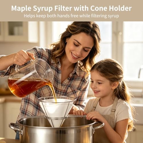 Cooking Oil Filter,Syrup Cone Filters Kit with 10 in Stainless Steel Cone Holder Fryer Strainer, 1 Thick Reusable Filter with Pre-Cut Slots and 24 Disposable Pre-Filters for Maple Sap Honey Milk - Image 3
