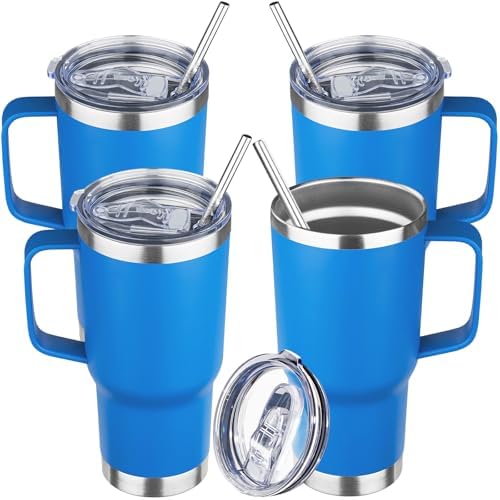 20 oz Tumbler with Handle Stainless Steel Insulated Coffee Mug Tumbler with Lid and Straw Double Wall Vacuum Insulated Coffee Mug Leak Proof Travel Mug Tumbler for Hot and Cold Drink (Sea Blue,4pack) by YEBTSLife