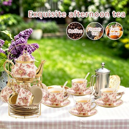 20 Pieces Porcelain Tea Set With Metal Holder, European Ceramic tea set for adults,Flower Tea Set,Tea Set For Women With Flower Painting - Image 4
