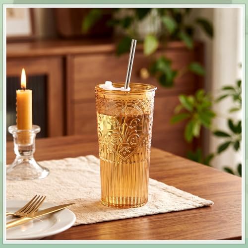 16 Set Vintage Tumbler with Lid and Straw, Iced Coffee Cup, Amber - Image 4