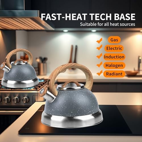 3 Quart Whistling Tea Kettle for Stovetop – Stainless Steel Teapot with Loud Whistle, Cool-Touch Wood Handle, Rust-Resistant Base & Natural Stone Finish (Gray) - Image 5