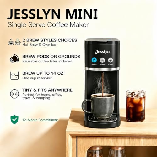 Jesslyn Single Serve Hot and Iced Coffee Maker, Compatible with Multiple Coffee Pods & Ground, Fits Tall Mugs, Over Ice & Strong Brew Function, for Home Office Travel RV Dorm (BLACK) - Image 3
