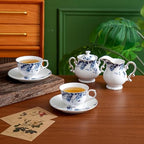 Ceramic Flora Cups with Saucers，5oz Espresso Cups for Latte Coffee Cafe, Specialty Coffee Drinks, Cappuccino and Tea (Blue Flower) - Image 5