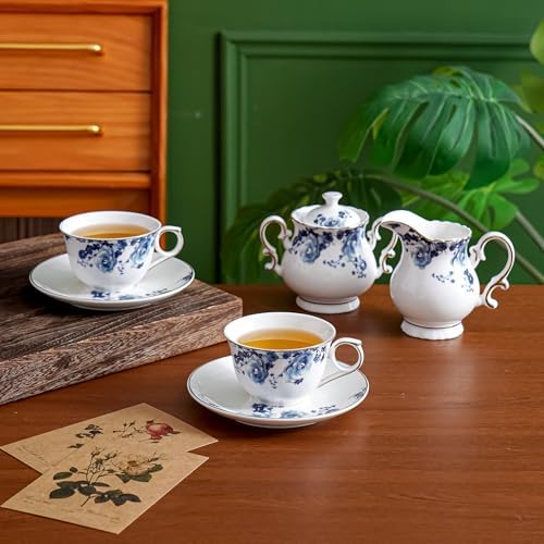 Ceramic Flora Cups with Saucers，5oz Espresso Cups for Latte Coffee Cafe, Specialty Coffee Drinks, Cappuccino and Tea (Blue Flower) - Image 5