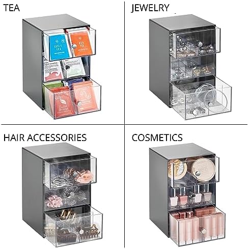 mDesign Plastic Wide Kitchen Pantry, Cabinet, Countertop Organizer Storage Station, 3 Drawers for Coffee, Tea, Sugar Packets, Sweeteners, Creamers, Drink Pods, Packets; 18 Sections, Dark Gray/Clear - Image 6