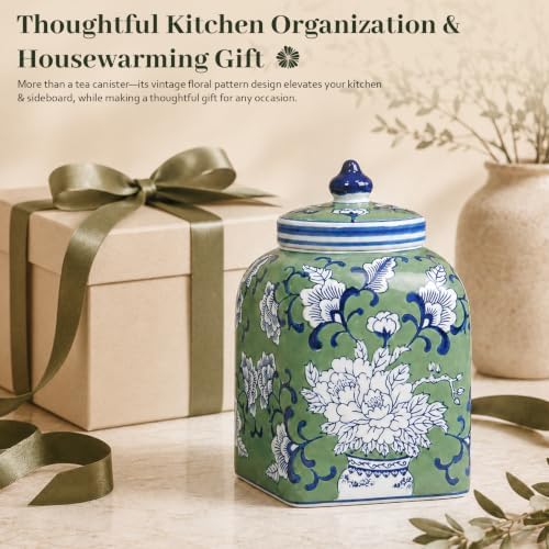 Ceramic Tea Canister with Airtight Lid, 10" H Kitchen Decor Jar for Loose Leaf Tea & Coffee Bean Storage, Hand-painted Chinoiserie Ginger Jars for Home Decor, 121 fl oz - Green Peony - Image 6
