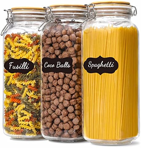VITEVER [ Taller ] 92oz Glass Jars with Airtight Lid, Large Glass Food Storage Jars, 3 Pack Wide Mouth Airtight Glass Jars for Kitchen Pantry Spaghetti, Square Mason Jars with Labels by VITEVER