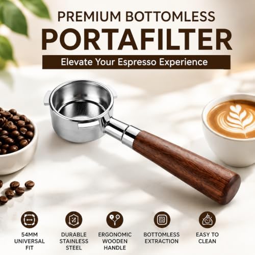 54mm Bottomless Portafilter for Breville Barista Express, Pro, Touch, Bambino Plus & Infuser (3-Ear Design) – Naked Espresso Portafilter with 18g Basket, WDT Tool, Puck Screen & Rosewood Handle - Image 7