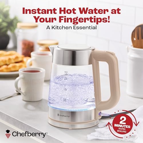 Electric Kettle for Boiling Hot Tea & Water | 1.7L Stainless Steel Borosilicate Glass Boiler With No Plastic, Automatic Shutoff, BPA Free, Fast Heating Technology (Cream) - Image 3