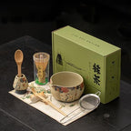 Matcha Set, 8-Piece Antique Pottery Ceremony Kit with Flame Blush Glaze, Gold Tracing, Bamboo Whisk & Chawan for Japanese Tea (Colour 1) by Unknown
