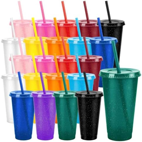 24 Pcs Colorful Tumblers with Straw & Lid - 24oz Coffee Cups by Pineburg