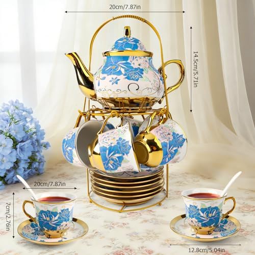 ALIMOTA 20 Pcs Porcelain Tea Set with Metal Holder and Spoon, European Ceramic Tea Set for Adults, European Flower Painting Teapot Cup Saucer Spoon Set for 6, Gift Pack (Blue and Pink) - Image 4