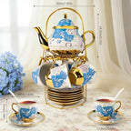 ALIMOTA 20 Pcs Porcelain Tea Set with Metal Holder and Spoon, European Ceramic Tea Set for Adults, European Flower Painting Teapot Cup Saucer Spoon Set for 6, Gift Pack (Blue and Pink) - Image 4