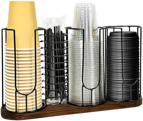 Coffee Cup Holder,18oz Cup and Lid Organizer, Cup Dispenser Rack with Wood Base, Suitable for Countertop Use, Kitchen, Coffee Bar，Storing Paper Cups, Straws, Lids, Tea Bags(4-Compartment) by Unknown