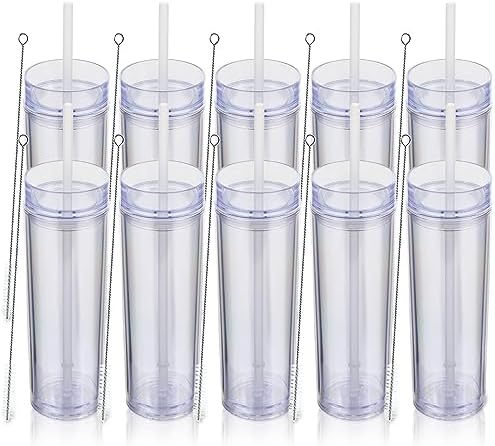 Volhoply 16oz Plastic Skinny Tumbler with Lid and Straw Bulk 10 Pack,Insulated Double Wall BPA Free Matte Acrylic Tumblers,Iced Coffee Travel Reusable Party Cup,Customizable Diy Gifts(Clear,10 Set) by LiveFully%EF%BC%8CDrinkFreely%E2%80%94KeepGoingwithVolhoply%EF%BC%81