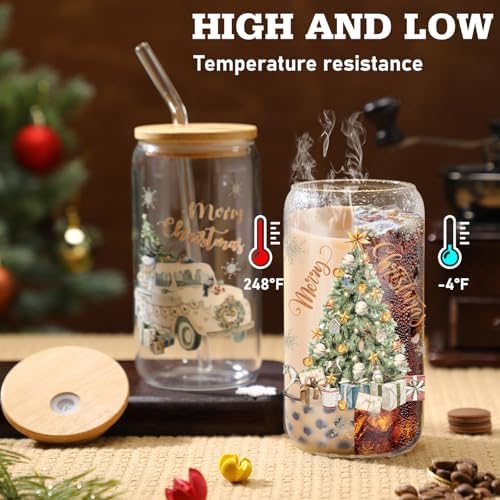 Teenyyou 12 Set of Glasses with Bamboo Lid and Glass Straw 16 oz(Christmas tree) - Image 2