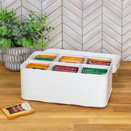 AuldHome Design Farmhouse Tea Bag Box (White), Vintage Retro Style Enamelware Tea Storage Tin - Image 4
