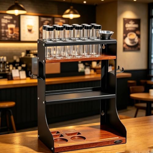 Wall-Mounted Coffee Bean Cellars, 3-Tier Wood Coffee Tool Storage Stand, with 12 Pcs Single Dose Glass Tubes, Capacity of A Single Bottle 22-25g, with Hopper, for Kitchen by Unknown