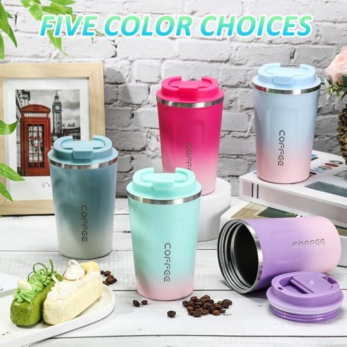 Honeydak 5 Pack Travel Coffee Mugs 12oz Insulated Coffee Cup with Lid Stainless Steel Vacuum Gradient Colorful Tumbler Reusable Leakproof Travel Cups for Hot & Cold Drinks - Image 3
