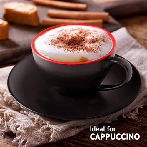 MIAMIO - Set of 6, Ceramic Stackable Cappuccino Cups Set / 6 Ounce Cappuccino Mugs and Saucer with Metal Stand for Coffee Drinks, Cafe, Latte, Americano and Tea - Le Papillon Collection (Red) - Image 4