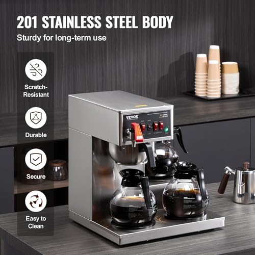 VEVOR 12 Cups Commercial Drip Coffee Maker, Coffee Maker Machine with 3 Glass Carafes and 3 Warmer Plates, Stainless Steel Pour Over Coffee Brewer with Auto Water Intake, for Restaurant Office Cafe - Image 5