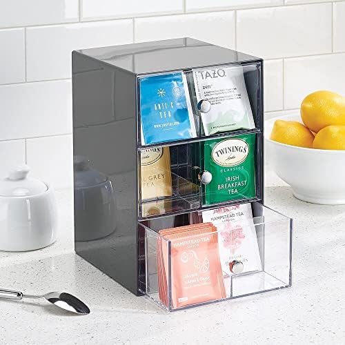 mDesign Plastic Wide Kitchen Pantry, Cabinet, Countertop Organizer Storage Station, 3 Drawers for Coffee, Tea, Sugar Packets, Sweeteners, Creamers, Drink Pods, Packets; 18 Sections, Dark Gray/Clear - Image 2