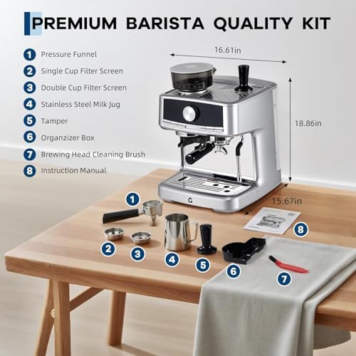 Takywep 20 Bar Espresso Machine with Built-in Grinder, Stainless Steel Coffee Maker with Milk Frother Steam Wand, 1.5L Removable Water Tank, Adjustable Shot Volume for Home & Office - Image 2