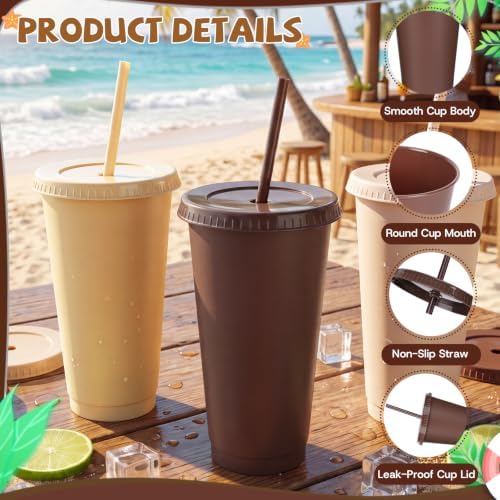 24 Pack Plastic Tumblers with Lids and Straws, Reusable Cups with Lids Plastic Colorful Cups for Parties Birthdays, Iced Coffee Cup Cold Drink Cups Bulk Tumblers (24 oz, Gradient Khaki Colors) - Image 4