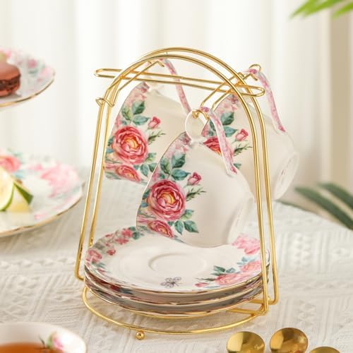 15 Piece British Bone China Tea Cup Sets, Elegant red Rose Pattern, Cups and Saucers Service for 4, with Teapot Sugar Bowl Cream Pitcher Teaspoons for Tea/Coffee, Gifts Set for Adults. - Image 4